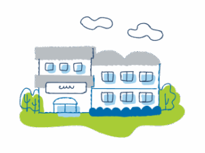 A stylized, simple illustration of a two-story building with a grassy lawn and trees in front, under a cloudy sky. 