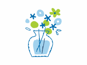  A simple, stylized illustration of a clear vase filled with a bouquet of abstract flowers and leaves in shades of blue, white, and light green. The background is solid light blue.