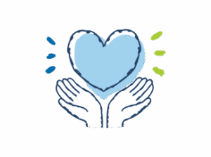 A simple, stylized illustration of two hands cupping a large, light blue heart. The heart has a bright, glowing aura around it.