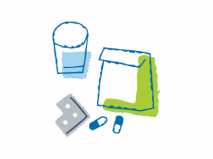 A simple, stylized illustration showing a white pill bottle, a glass of water, and a blister pack with two blue pills on a light blue background.