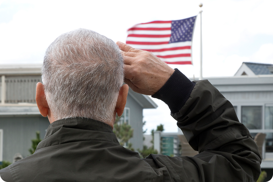 A senior man from behind salutes an American flag flying on a pole in front of a house.