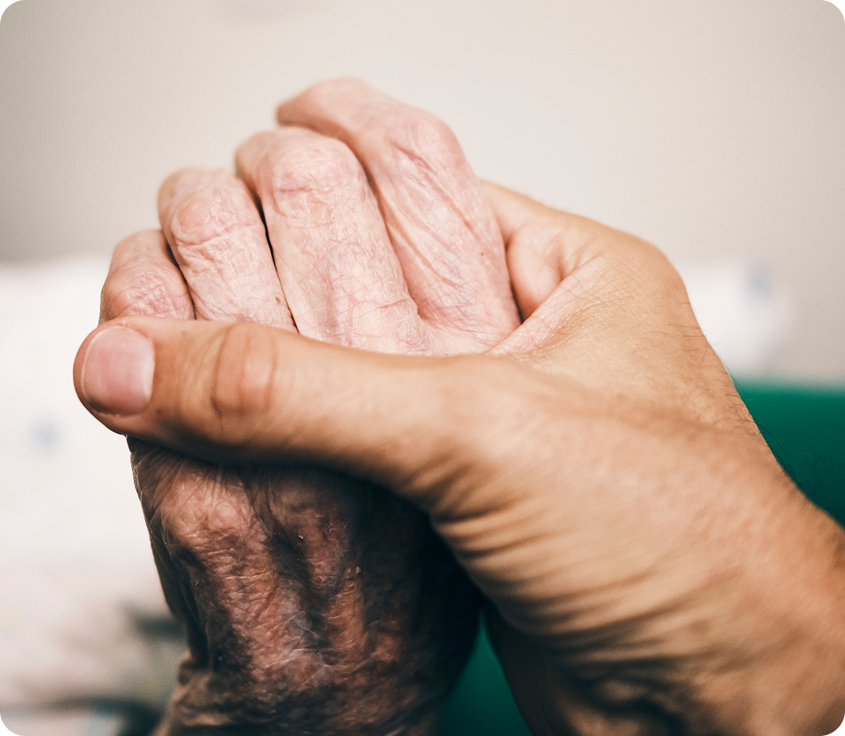 A close-up shot of one person's hand gently holding the wrinkled hand of a senior person.