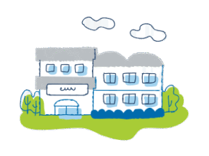 A stylized, simple illustration of a two-story building with a grassy lawn and trees in front, under a cloudy sky. T