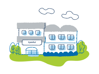 A stylized, simple illustration of a two-story building with a grassy lawn and trees in front, under a cloudy sky.