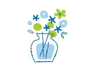A simple, stylized illustration of a clear vase filled with a bouquet of abstract flowers and leaves in shades of blue, white, and light green. The background is solid light blue.