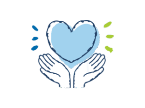  A simple, stylized illustration of a clear vase filled with a bouquet of abstract flowers and leaves in shades of blue, white, and light green. 