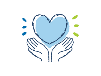 A simple, stylized illustration of two hands cupping a large, light blue heart. The heart has a bright, glowing aura around it.