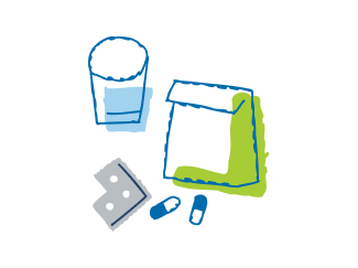 A simple, stylized illustration showing a white pill bottle, a glass of water, and a blister pack with two blue pills on a light blue background.