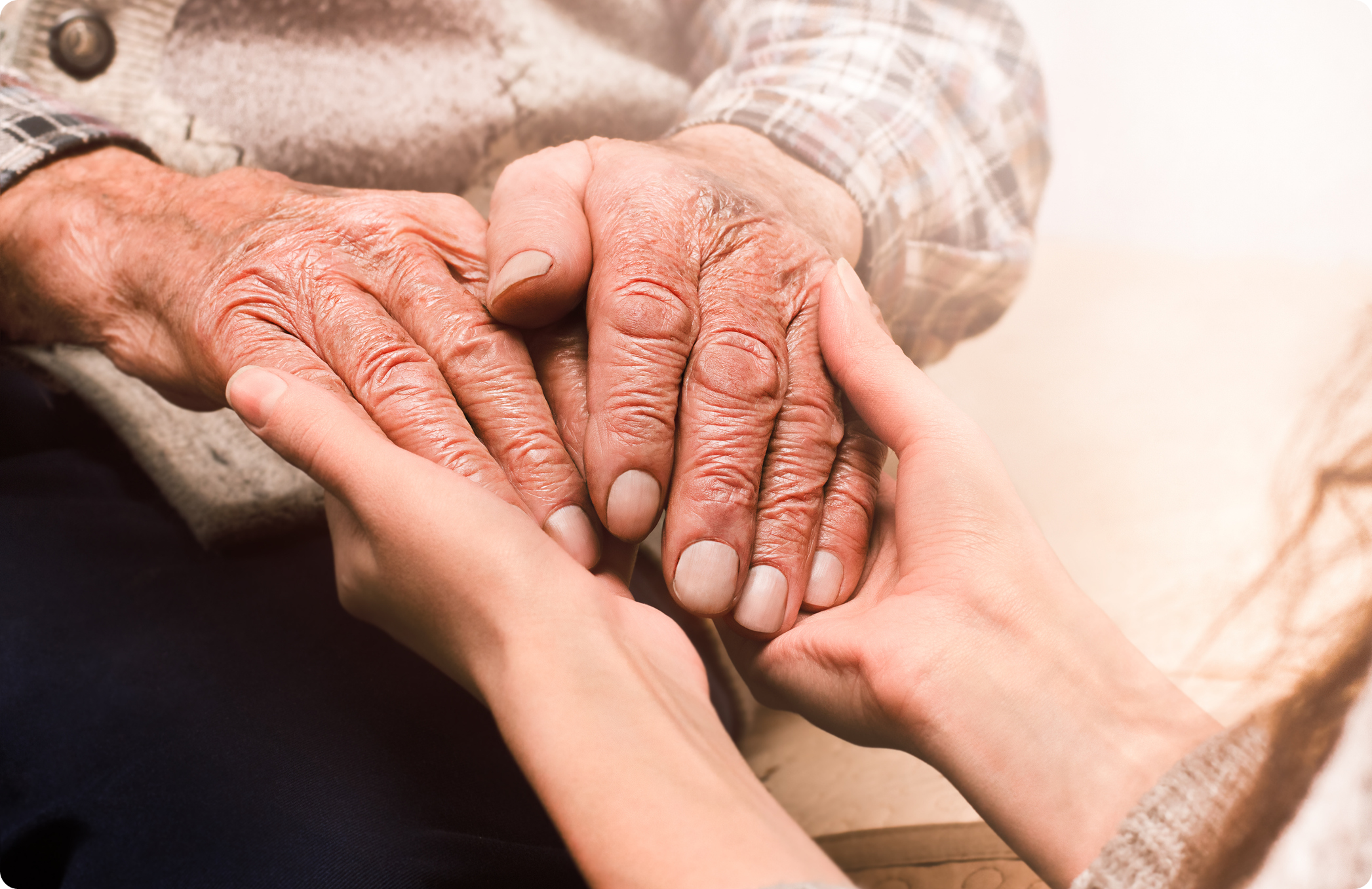 A young hand gently holds the weathered hands of an elderly person, conveying warmth and connection in a serene setting.